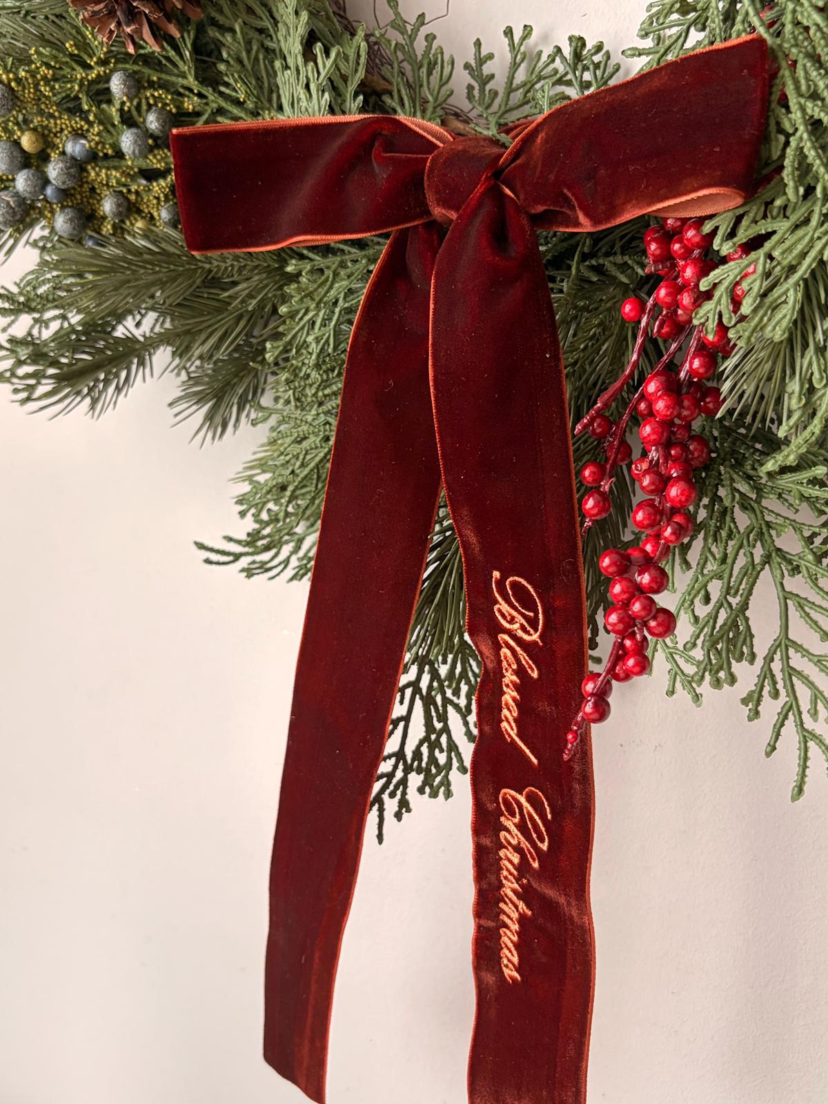 Evergreen Velvet Bow detail Evergreen Velvet Bow Wreath - Image 6